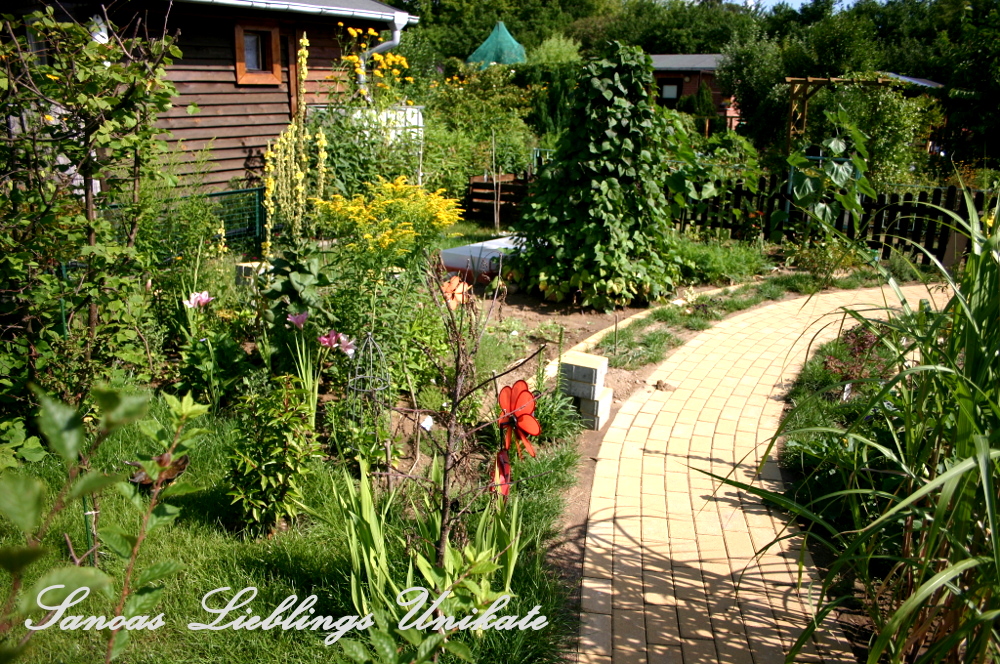 Liebevoll leben und lernen - Sanoas Lieblings Unikate - Gartengestaltung - Weg und Wildblumenfläche, dahinter Beete